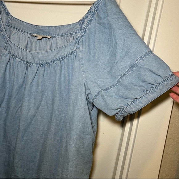 Loft Women's Blue Square Neck Puffed Sleeve Pleated Denim Blouse Size XXL - Picture 3 of 8